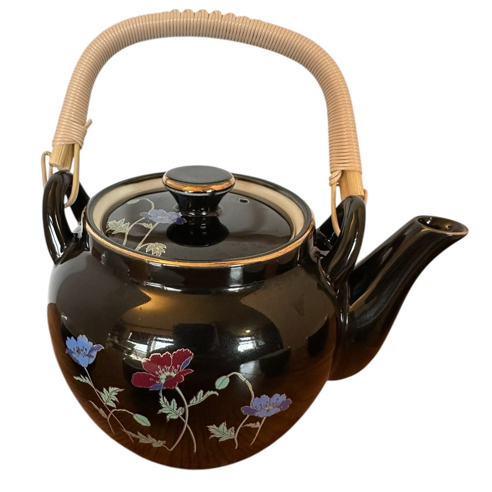 Elegant Floral Black Tea Set with Bamboo Handle - Picture 4 of 12